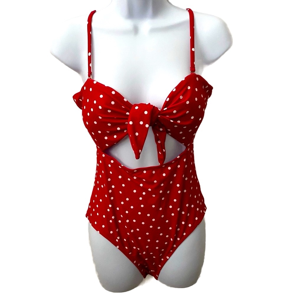 Red and White Polka Dot Cut Out One Piece Bathing Suit